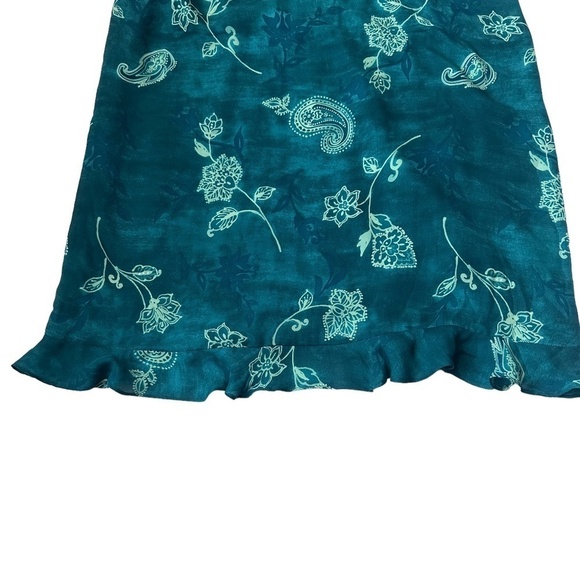 Valerie Stevens Pure Silk Teal Floral Dress with Ruffled Neckline Size 14 - Picture 8 of 10